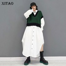 XITAO 니트 원피스 투피스 패션 여성 싱글 가슴 작고 상큼한 트임 소수민족 우아한 원피스 WMD3300