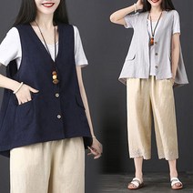 요나걸 여성 조끼 린넨조깨 마조끼 베스트 민소매 싱글 브레스트 재킷 가디건 단추조끼 루즈핏 하프조끼 세련된조끼 여자조끼 + 양말증정