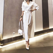 하이퀄리티 셔츠형 허리 리본 포인트 롱 원피스