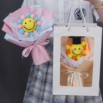 스마일 인형꽃다발 다이소 미니꽃다발 학예회 조화꽃 졸업식꽃다발, 04.파랑색+핑크 스마일 수제봉제인형