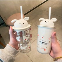 스타벅스 강아지텀블러 콜드컵 아이스 투명 유리 텀블러 별다방 보틀 병 점핑도그+그립톡 355ml, 유리 보틀