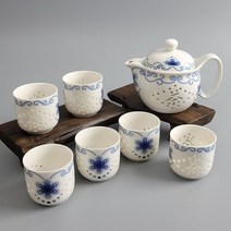 FujianDehuaShengyiyaoCeramicsCo. LTD. 다도 중국 경덕진 다기세트 다관+잔6 호접화 투각 청화백자 도자기찻잔 찻잔세트, 1개, 1개