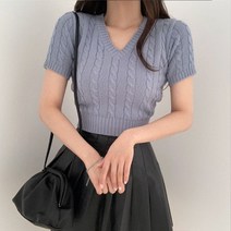 [레티고] 브이넥 크롭 꽈배기 반팔 니트