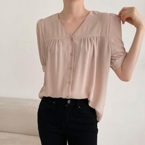 옷자락 여자 여름 절개 셔링 4부 브이넥 블라우스