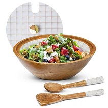 Willow and Moore 장식용 나무 - 샐러드 어울리는 뚜껑 및 서버가 있는 그릇 세트 4피스 세트에 담긴 대형 과일 망고우드로 수제 뚜껑이 30.5cm 훌륭한 집들이 선, White & Gold