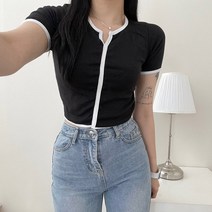 VANANA2 여성 랍바 배색 트임 슬림 반팔 티셔츠