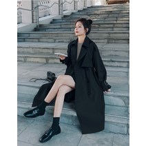 롱 블랙 A라인 여자 트렌치코트 레트로스-빈티지 튜닉 캐주얼 롱 코트 여성용 느슨한 더블 브레스트 블랙
