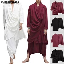 2PCS 남성 긴 소매 가을 판초 탑스 및 바지 정장 이슬람 루스 롱코트