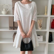 브이와이 VY 여자 후레아 반팔 펀칭 크로쉐 에이라인 원피스