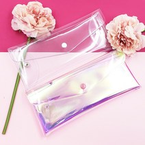 pvc 투명 홀로그램 똑딱이 메이크업브러쉬 납작 파우치 펜슬 필통 겸용 케이스, pvc케이스-투명