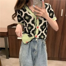 여름 니트 크롭 반팔 티 긴팔 편안한 셔츠 여성 캐주얼 느슨한 버튼 웨어 꽃무늬 얇은 컬러풀 프린트 넥 탑스