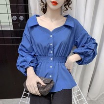 [이꾸띠] 코깃대 여성 무지 버튼다운카라 허리 밴딩 포인트 2컬러 봄 블라우스