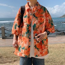 그래픽 시밀러룩 40대 50대 꽃무늬 빅사이즈 오버핏 반팔셔츠 남자 여름반팔 하와이안셔츠 남방 알로하 야자수 꽃남방
