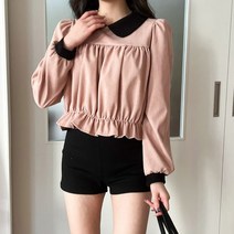 시크블랙 르아피 잔골덴 배색 라운드카라 캉캉 긴팔 블라우스