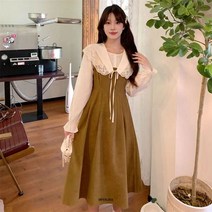 빅사이즈 원피스 루즈핏 드레스 루즈 핏 하이 웨이스트 롱 드레스 여성용 6XL 130kg 레이스 칼라 패치워
