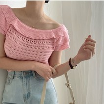 오프숄더니트 여성스웨터 스윗 프릴 반팔 플라이 슬리브 탑