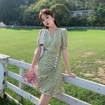 데일리룩 플라워 원피스룩 여름 퍼플 소매 리틀 데이지 프렌치 빈티지 그린 스커트 간단 드라이브