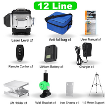 레이저레벨기 녹색레이저레벨기 자동 레이저수평기 디지털 소형 레이져레벨 미니 8선 거리 fasget 3d 4d 12 16 라인 360° 수평 수직 크로스 그린 라이트 레이저 레벨, 12라인 1.5m 삼각대