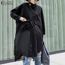 ZANZEA 여성 긴팔 셔츠 탑스 플로럴 레이스 패치워크 롱 블라우스