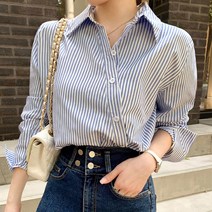 퍼니걸스 6777 데일리 카라 언발 사선 스트라이프 버튼 긴팔 여성 셔츠 여성의류