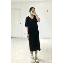오르네트 여성 무지 후드 반팔 롱 니트 원피스 밑단 트임 루즈핏