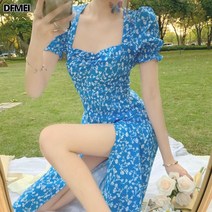 DFMEI 여하 네크 퍼프소매 하이 트임 롱스커트 블루 플라워 원피스