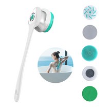 Pealy 전동 몸 브러쉬 마사지 클렌징 2 in 1 360도 자동 회전 IP67방수 5개 브러쉬 3단 강도 40cm 긴 손잡이 탈부착 가능, Pealy-9273, 화이트