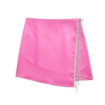 TRAF-여성 패션 빈티지 인공 보석 새틴 a-라인 미니 스커트 세련된 여성 사이드 지퍼 비대칭 하이 웨이스트 짧은 치마