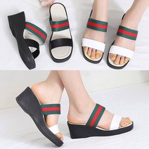 벨루치슈즈 여성 수제화 배색 이선 밴드 키높이 7cm 가보시 통굽 슬리퍼 뮬샌들 웨지힐 슬리퍼 국내제작