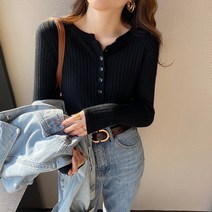 감성갤러리 여성 단추 포인트 슬림 골지 긴팔 티셔츠