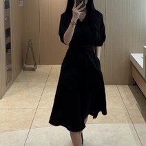 kirahosi 여름 가을 여성 반팔 셔츠 원피스 허리 스트링 날씬해 보이는 작은 블랙 스커트