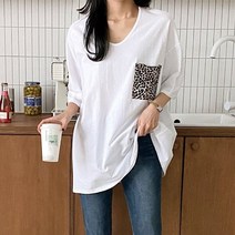 1+1 호피 포켓 브이넥 루즈핏 편한 롱 반팔 티셔츠