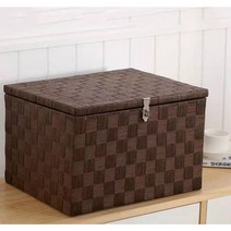 대형 라탄 바구니 수납 정리함 다용도 옷 리빙박스 사각 바스켓 수공예 뚜껑 자물쇠 보관, 짙은 커피색개, 스몰 사이즈 35X24X19cm