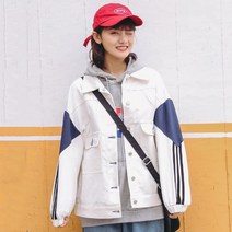 싱글자켓 유행 CEC 데님점퍼 숏 상의 여성 블러킹 패치워크 하라쥬크 무드 봄옷 재킷 와이드 루즈핏 2079213132