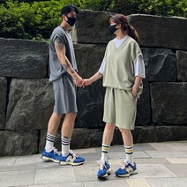 여름 남자 트윈룩 빅사이즈 트레이닝셋업 커플 피그먼트 민소매 나시 티