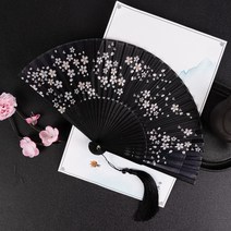 술 소수단선 수제작 합죽선 대나무부채 옛날 화선당 공연 일본식 부채 국화, 검은 얼굴 벚꽃【구슬이 달린 태슬 블랙】