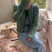 여성 라운드넥 리본 배색 퍼프 셔링 봄 크롭 파스텔 니트 나시 가디건 세트 옐로우 그린 5color