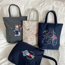 오감인류 여성 여자 가벼운 자수 포인트 지퍼 에코백 천가방 손가방 패브릭 보조 가방 데일리백 캐주얼백