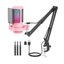 정품 PC용 NJSJ USB 게임용 마이크 터치 음소거 기능이 있는 PS4/PS5/Mac/폰용 붐 암이 콘덴서 RGB 조명 스트리밍 팟캐스팅 YouTube용 게인 노브 및, Pink