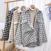 여성용 스타일 루즈 캐주얼 셔츠 재킷 올 매치 레트로 하운드투스 기모 모직 스트리트 탑