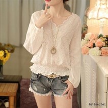 리체 F7904예쁨주의허리셔링 펀칭레이스 V넥 블라우스BL