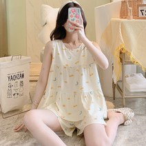 미니에어컨 여름 여성잠옷 뉴타입 무명 에어컨 홈웨어 스위트 소녀 타입학생 외부착용가능 빅사이즈 비단 세트 얇은, T01-M, C03-일월 베이지