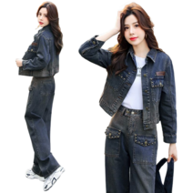 데님 세트 여자 쇼트 데님 재킷+데님 와이드 팬츠 세트