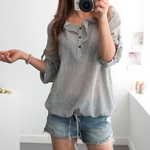 22S 잔체크 프릴 여름 반오픈 면 남방 셔츠 블라우스