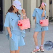 임산부 반팔 세트 자수 면 양기 여름 패션 루즈핏 맨투맨 임산부 트레이닝 세트