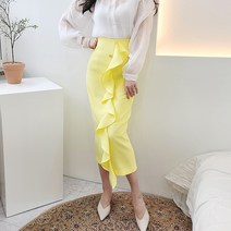 비니케이즈 무배 비비드 러플 버튼 H라인 롱 세미정장 하객룩 상견례옷차림 결혼식 출근 오피스룩 스커트