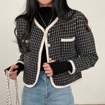 봄 트위드 가디건 라운드넥 타탄체크 루즈핏 봄 결혼식장 패션 여