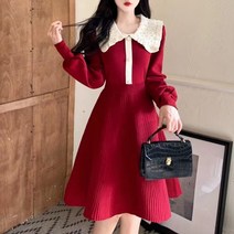 레드니트원피스 경축 러블리 구슬장식 플랫카라 하객 겨울 가을 빅사이즈 뱃살가리기 스웨터 4993371902