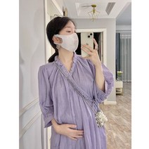여름임부복 임산부 여성 스프링 봄과 가을 스커트의 한국 버전 길고 느슨한 여름 2023 New V -Neck 커프 드레스