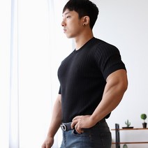 보스트핏 남자 머슬핏 골지 라운드넥 봄 여름 반팔 니트 티셔츠 7color